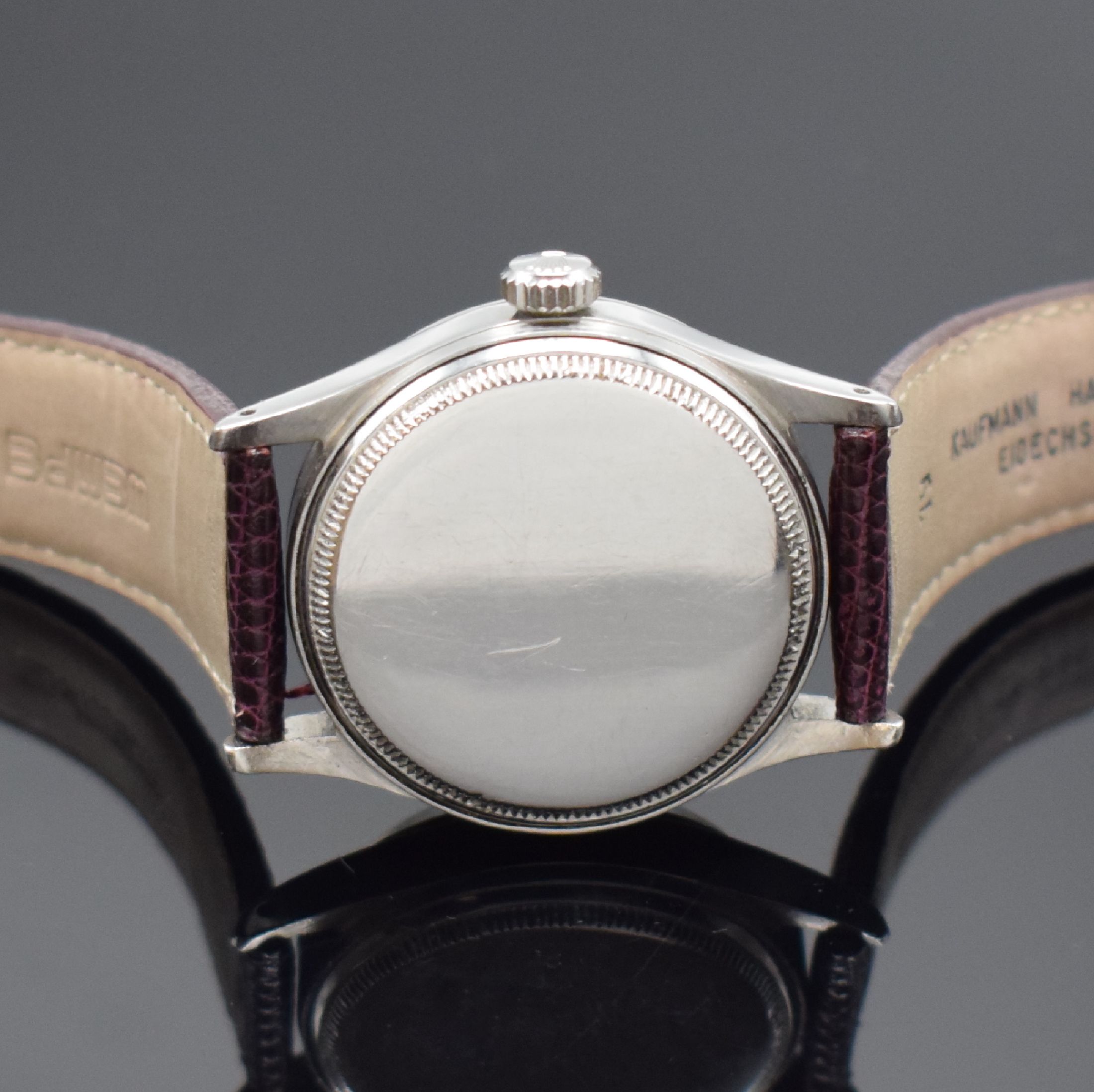 Detail c: ROLEX Oyster Perpetual Date Herrenarmbanduhr in Stahl Referenz 6518, Schweiz IV. Quartal 1954 lt. Bodengravur, Automatik, verschr. Geh., silb. ...
