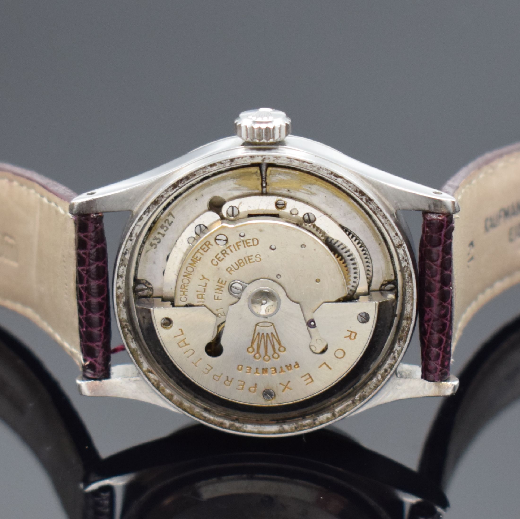 Detail d: ROLEX Oyster Perpetual Date Herrenarmbanduhr in Stahl Referenz 6518, Schweiz IV. Quartal 1954 lt. Bodengravur, Automatik, verschr. Geh., silb. ...