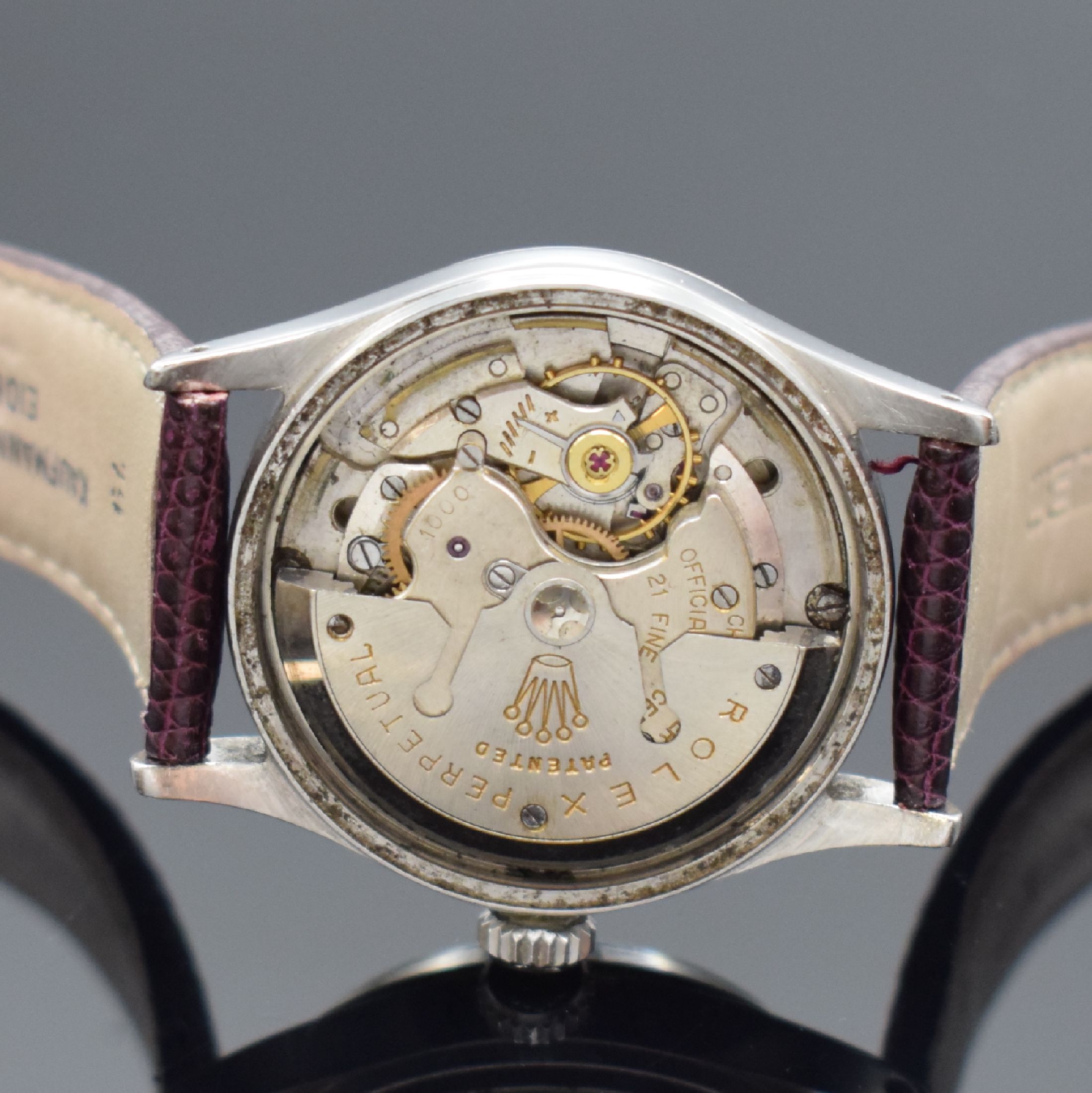 Detail e: ROLEX Oyster Perpetual Date Herrenarmbanduhr in Stahl Referenz 6518, Schweiz IV. Quartal 1954 lt. Bodengravur, Automatik, verschr. Geh., silb. ...