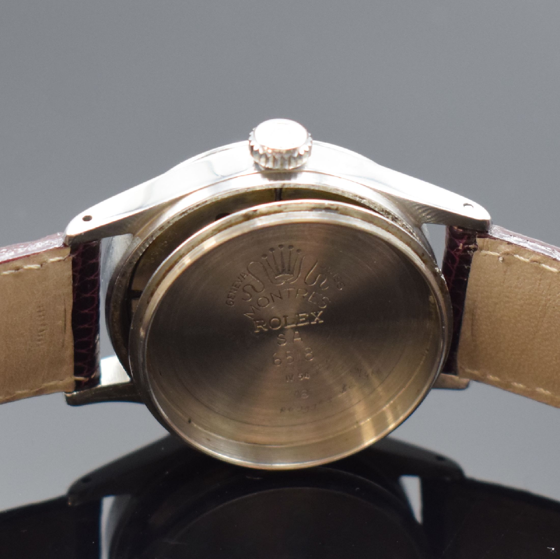 Detail f: ROLEX Oyster Perpetual Date Herrenarmbanduhr in Stahl Referenz 6518, Schweiz IV. Quartal 1954 lt. Bodengravur, Automatik, verschr. Geh., silb. ...