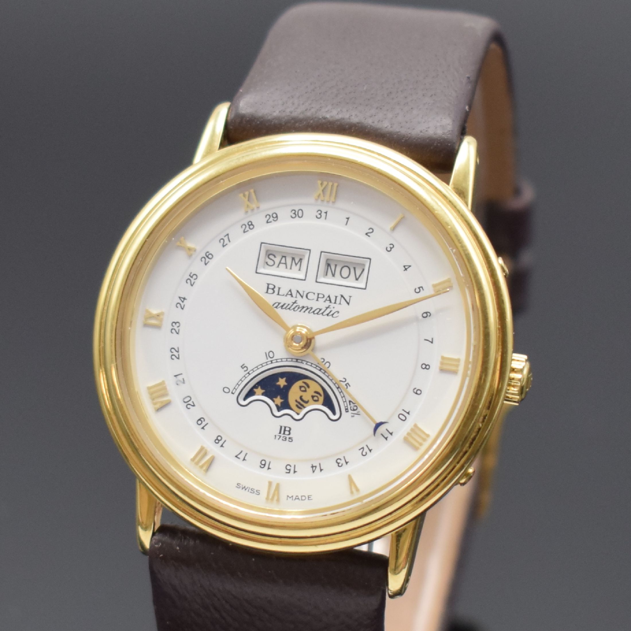 Detail a: BLANCPAIN Villeret Herrenarmbanduhr mit Vollkalender in GG 750/000 Referenz 6595-1418, Schweiz verk. 1996, Automatik, 3-teil. Geh., Boden und ...