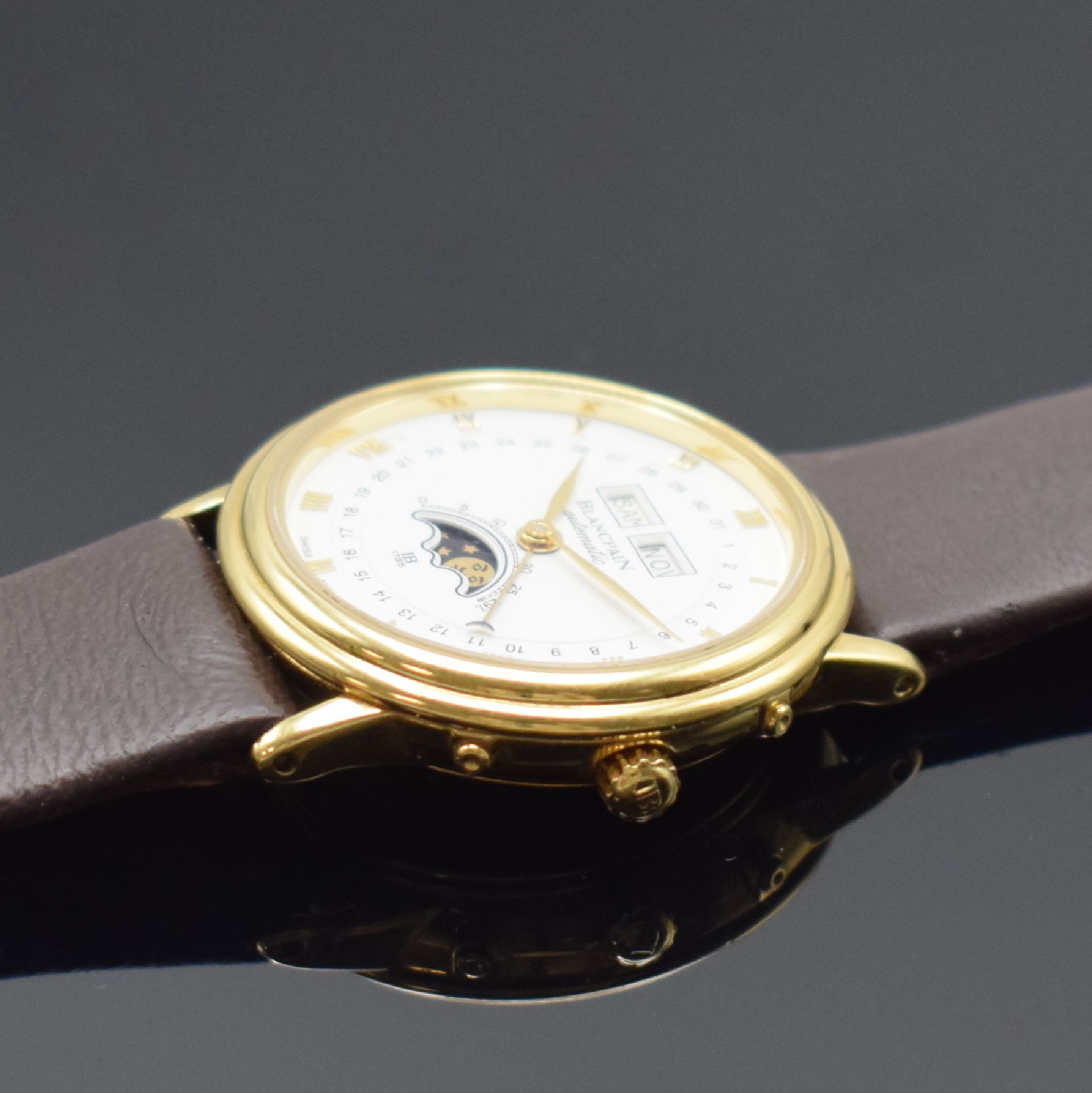 Detail d: BLANCPAIN Villeret Herrenarmbanduhr mit Vollkalender in GG 750/000 Referenz 6595-1418, Schweiz verk. 1996, Automatik, 3-teil. Geh., Boden und ...