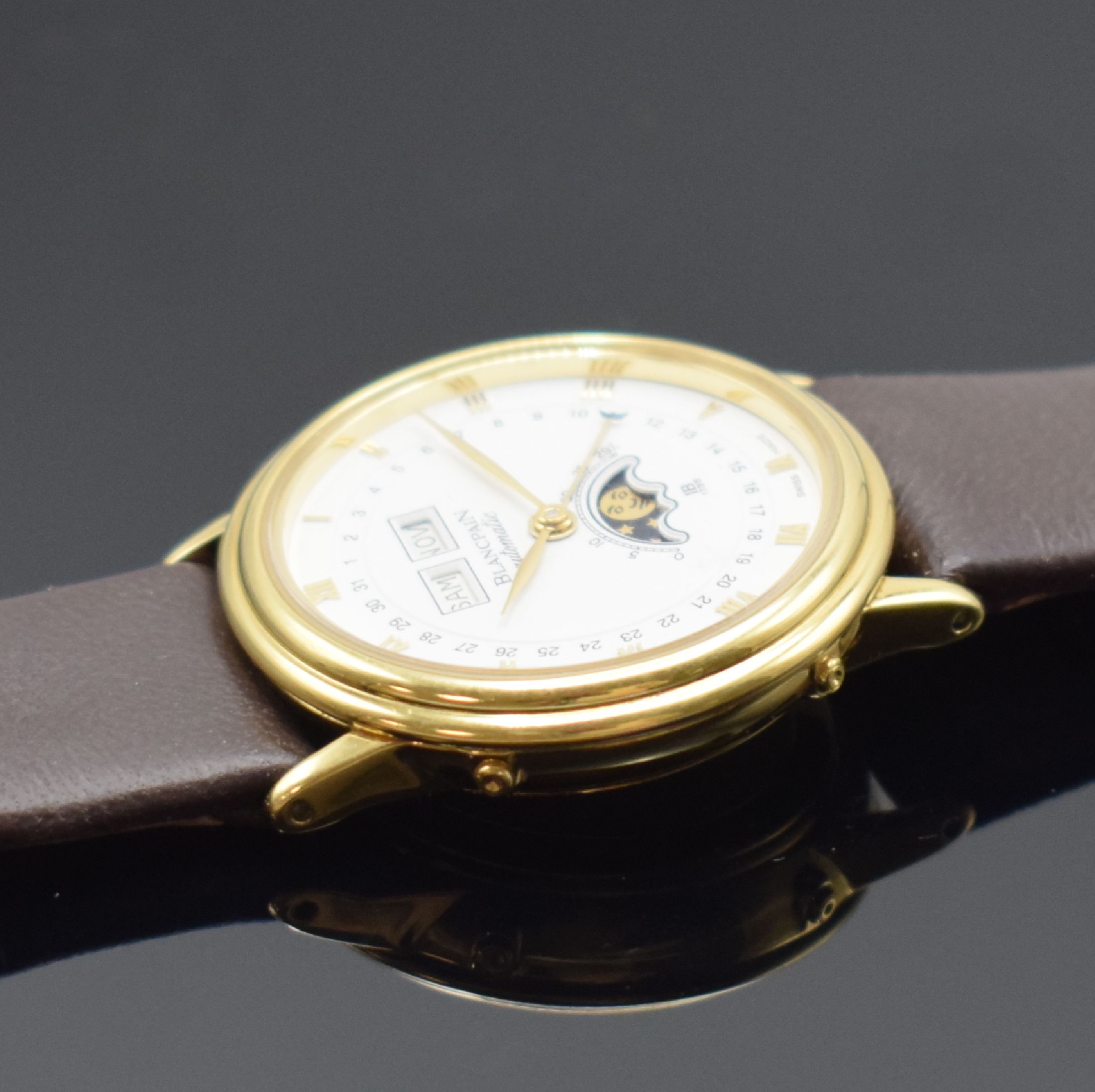 Detail e: BLANCPAIN Villeret Herrenarmbanduhr mit Vollkalender in GG 750/000 Referenz 6595-1418, Schweiz verk. 1996, Automatik, 3-teil. Geh., Boden und ...