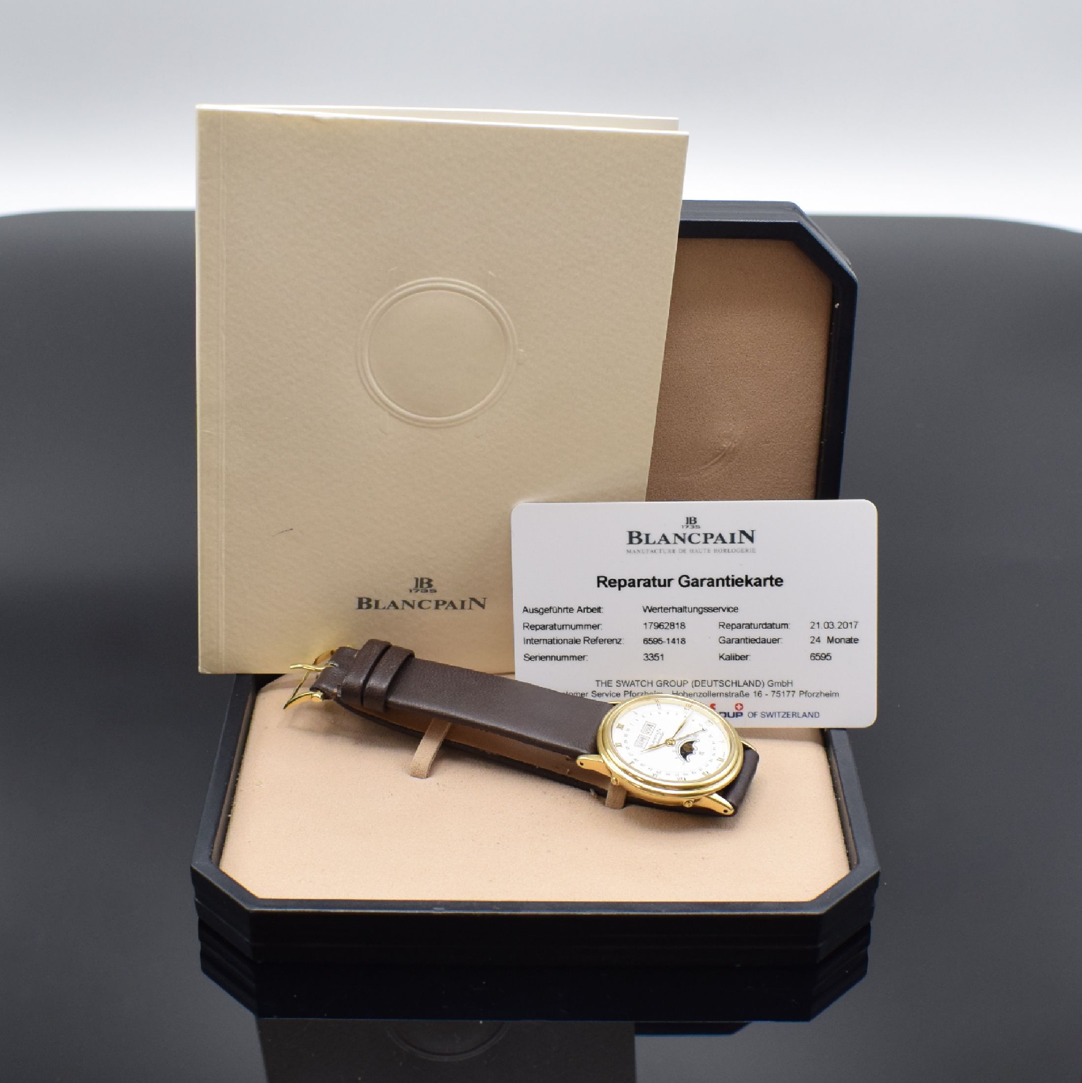 Detail j: BLANCPAIN Villeret Herrenarmbanduhr mit Vollkalender in GG 750/000 Referenz 6595-1418, Schweiz verk. 1996, Automatik, 3-teil. Geh., Boden und ...