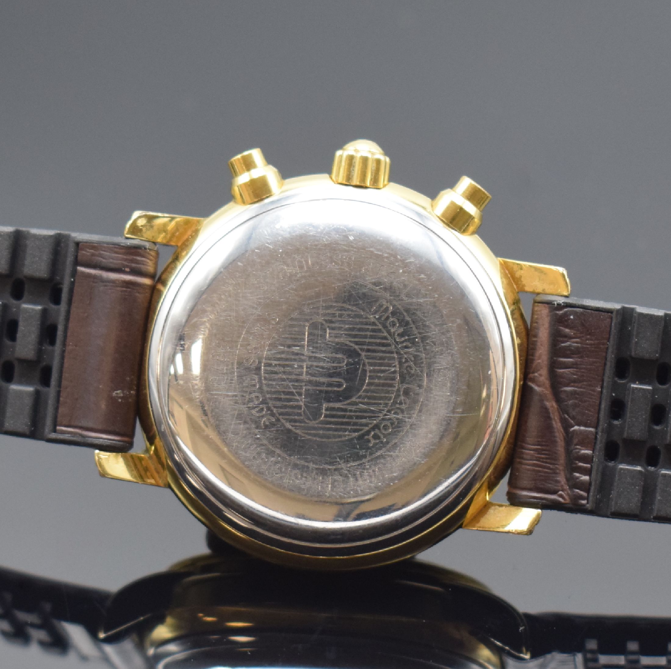 Detail c: MAURICE LACROIX Herrenarmbanduhr mit Chronograph, Schweiz um 1995, Automatik, verg. Geh., Boden aufgedr., Lederband m. orig. Dornschl., guill. silb. ...