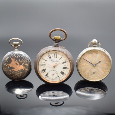 26593716a - Henry Mason, Urania and Regulateur 3 pocket watches, England / Switzerland around 1875- 1890, 1) heavy silver pocket watch, lever movement with chain and fusee, silver-dial, diameter approx. 60 mm, dent, not working, condition 3-4, 2) Hunting cased pocket watch in Niello, enamel-dial, lever movement in Longines construction method, diameter approx. 52 mm, needs to be overhauled, condition 3, 3) big iron watch, case corroded, enamel dial damaged, lever movement with Breguet balance- spring, diameter approx. 67 mm, needs to be overhauled, condition 3