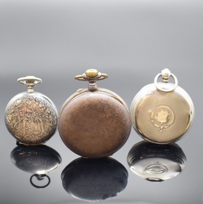 26593716b - Henry Mason, Urania and Regulateur 3 pocket watches, England / Switzerland around 1875- 1890, 1) heavy silver pocket watch, lever movement with chain and fusee, silver-dial, diameter approx. 60 mm, dent, not working, condition 3-4, 2) Hunting cased pocket watch in Niello, enamel-dial, lever movement in Longines construction method, diameter approx. 52 mm, needs to be overhauled, condition 3, 3) big iron watch, case corroded, enamel dial damaged, lever movement with Breguet balance- spring, diameter approx. 67 mm, needs to be overhauled, condition 3