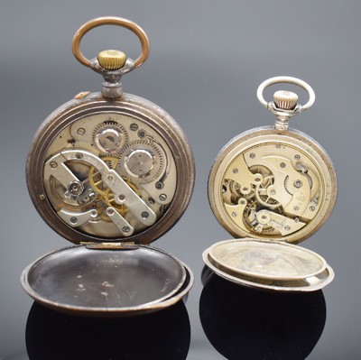 26593716c - Henry Mason, Urania and Regulateur 3 pocket watches, England / Switzerland around 1875- 1890, 1) heavy silver pocket watch, lever movement with chain and fusee, silver-dial, diameter approx. 60 mm, dent, not working, condition 3-4, 2) Hunting cased pocket watch in Niello, enamel-dial, lever movement in Longines construction method, diameter approx. 52 mm, needs to be overhauled, condition 3, 3) big iron watch, case corroded, enamel dial damaged, lever movement with Breguet balance- spring, diameter approx. 67 mm, needs to be overhauled, condition 3