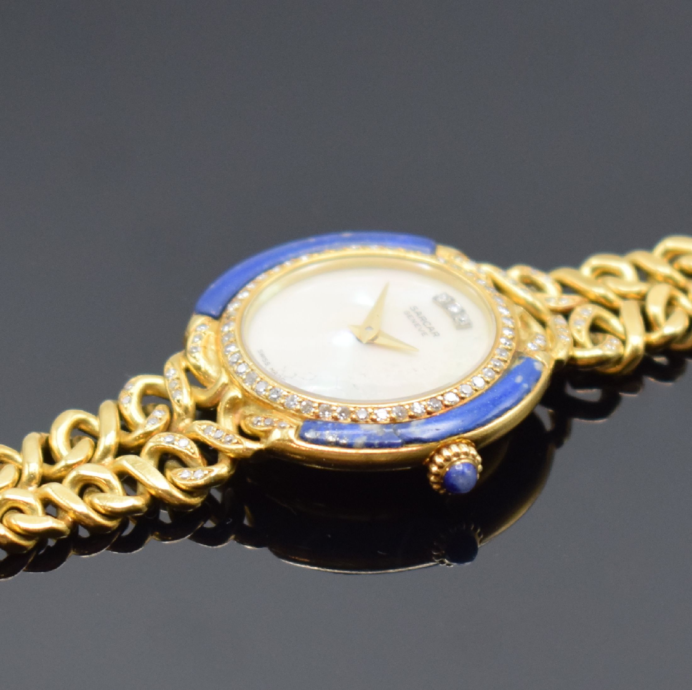 Detail c: SARCAR Damenarmbanduhr in GG 750/000, Schweiz um 1980, Handaufzug, Kettengliederband in GG 750/000, 2-teil. Gehäuse mit Lapislazuli besch., Lünette ...