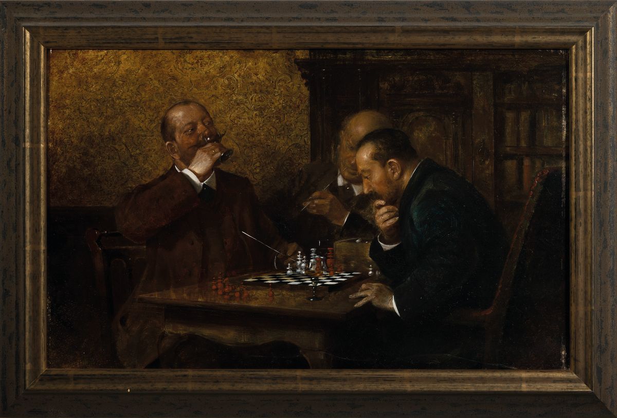 Detail k: Hans August Lassen, 1857 Haldersleben-1938 Ratingen, Studium an der Akademie Düsseldorf, drei Herren beim Schachspiel, rechts unten signiert und ...