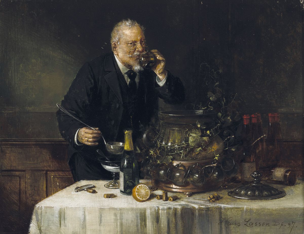 Hans August Lassen, 1857 Hadersleben-1938 Ratingen, Studium an der Akademie Düsseldorf, Ein Schluck Bowle, Nutzung des Sujet zur Darstellung eines ...