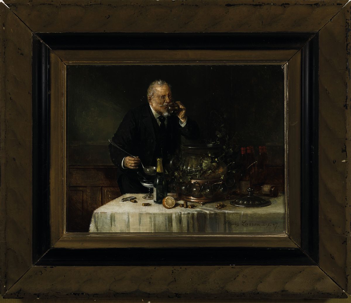 Detail k: Hans August Lassen, 1857 Hadersleben-1938 Ratingen, Studium an der Akademie Düsseldorf, Ein Schluck Bowle, Nutzung des Sujet zur Darstellung eines ...