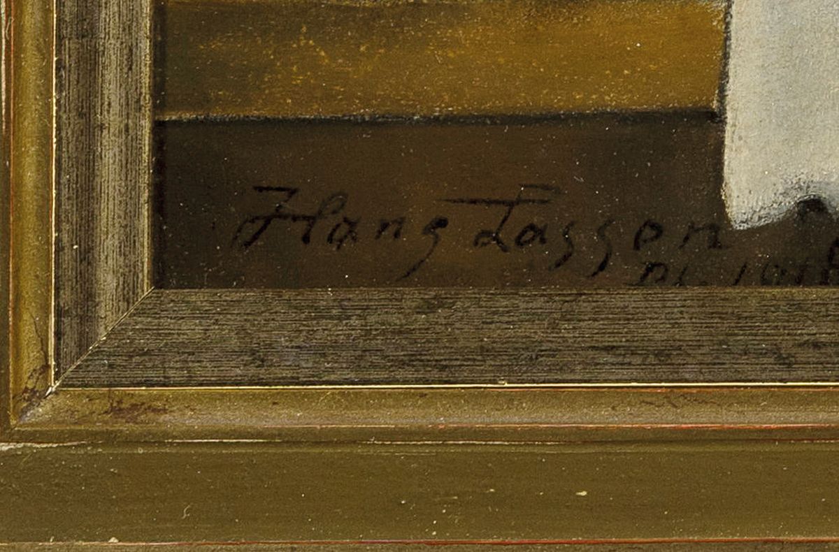 Detail a: Hans August Lassen, 1857 Hadersleben-1938 Ratlingen, Studium an der Akademie Düsseldorf, zwei Herren beim Probieren der Bowle, Öl/Karton, links ...