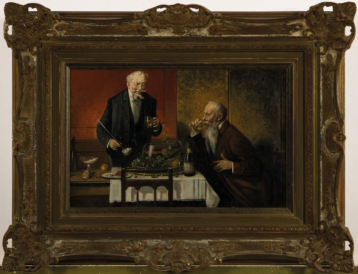 Detail k: Hans August Lassen, 1857 Hadersleben-1938 Ratlingen, Studium an der Akademie Düsseldorf, zwei Herren beim Probieren der Bowle, Öl/Karton, links ...