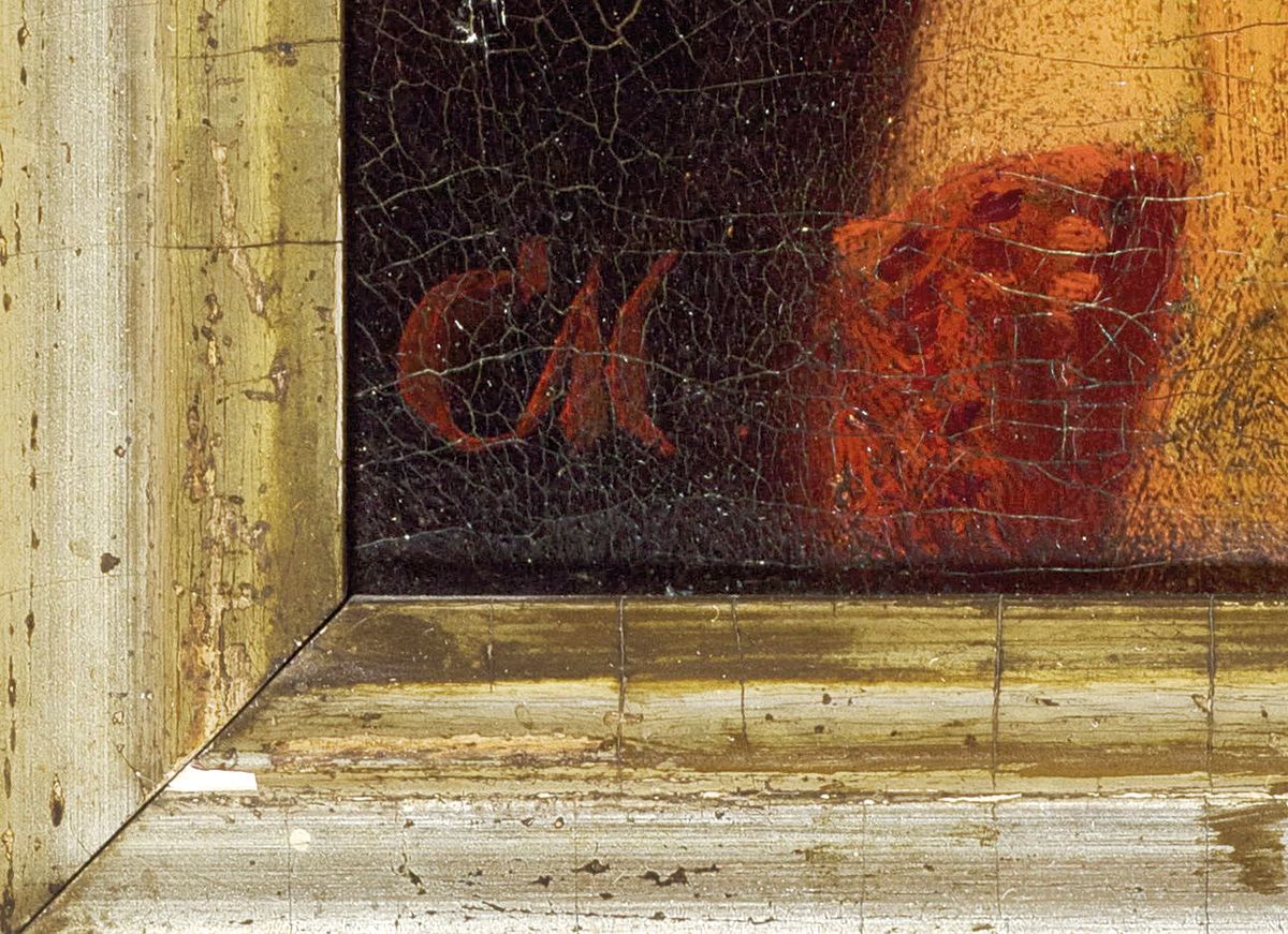 Detail a: Monogrammist CM, wohl deutsch, um 1900, Mädchen im roten Kleid, Öl/Lwd, li. unten rot monogrammiert CM, feine Lichtführung, gekonntes Inkarnat, ...