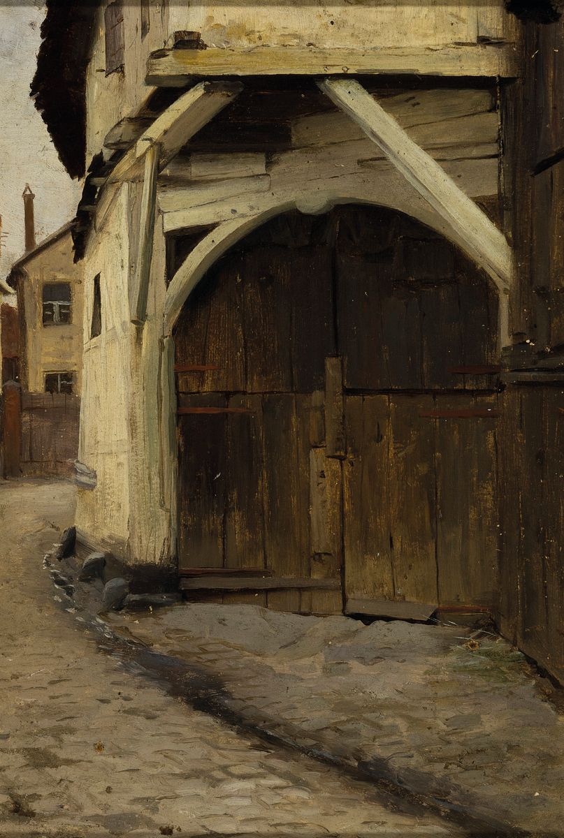 Berthold Genzmer, 1858 -1927, Scheunentor am Hausende, Öl/Malkarton, unsigniert, rückseitig bezeichnet, ca. 24 x 16.5 cm