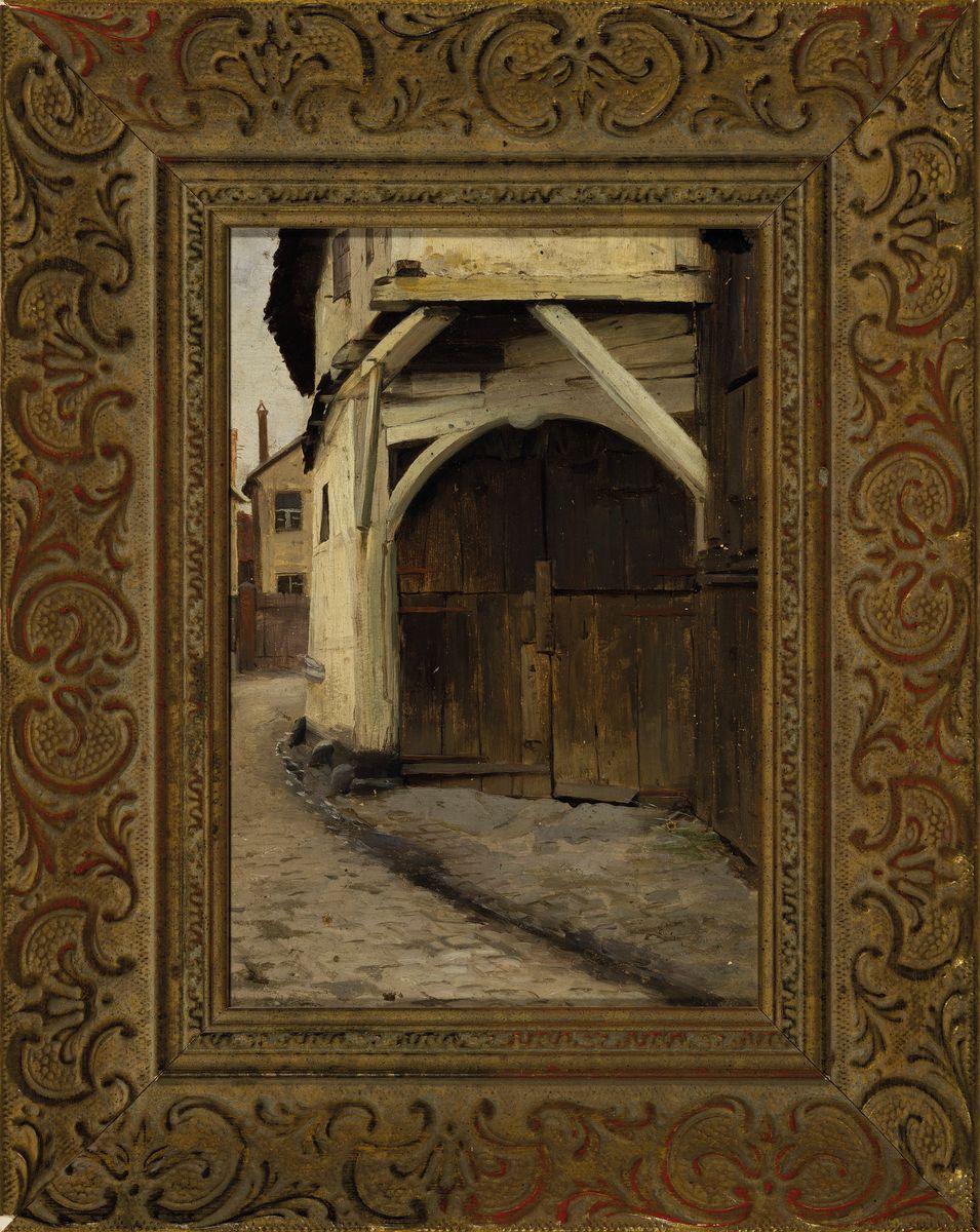 Detail k: Berthold Genzmer, 1858 -1927, Scheunentor am Hausende, Öl/Malkarton, unsigniert, rückseitig bezeichnet, ca. 24 x 16.5 cm