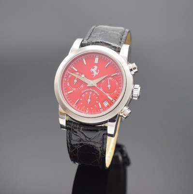 Image GIRARD PERREGAUX Ferrari gents wristwatch with chronograph in steel reference 8020, self winding, case back 7-times screwed down, red dial with silvered hour-indices, silvered hands, 12 hour- & 30 minutes-counter, constant second at 3, date, diameter approx. 38 mm, condition 2