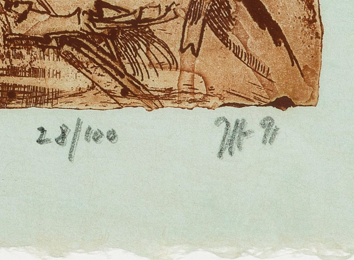 Detail c: Horst Janssen, 1929-1995, 2 Radierungen, oh Bobeth, 1x Farbradierung von 1992, sign. und num. 58/100, ca. 7x18cm, PP, u.Gl.´(Glas gesprungen), ca. ...