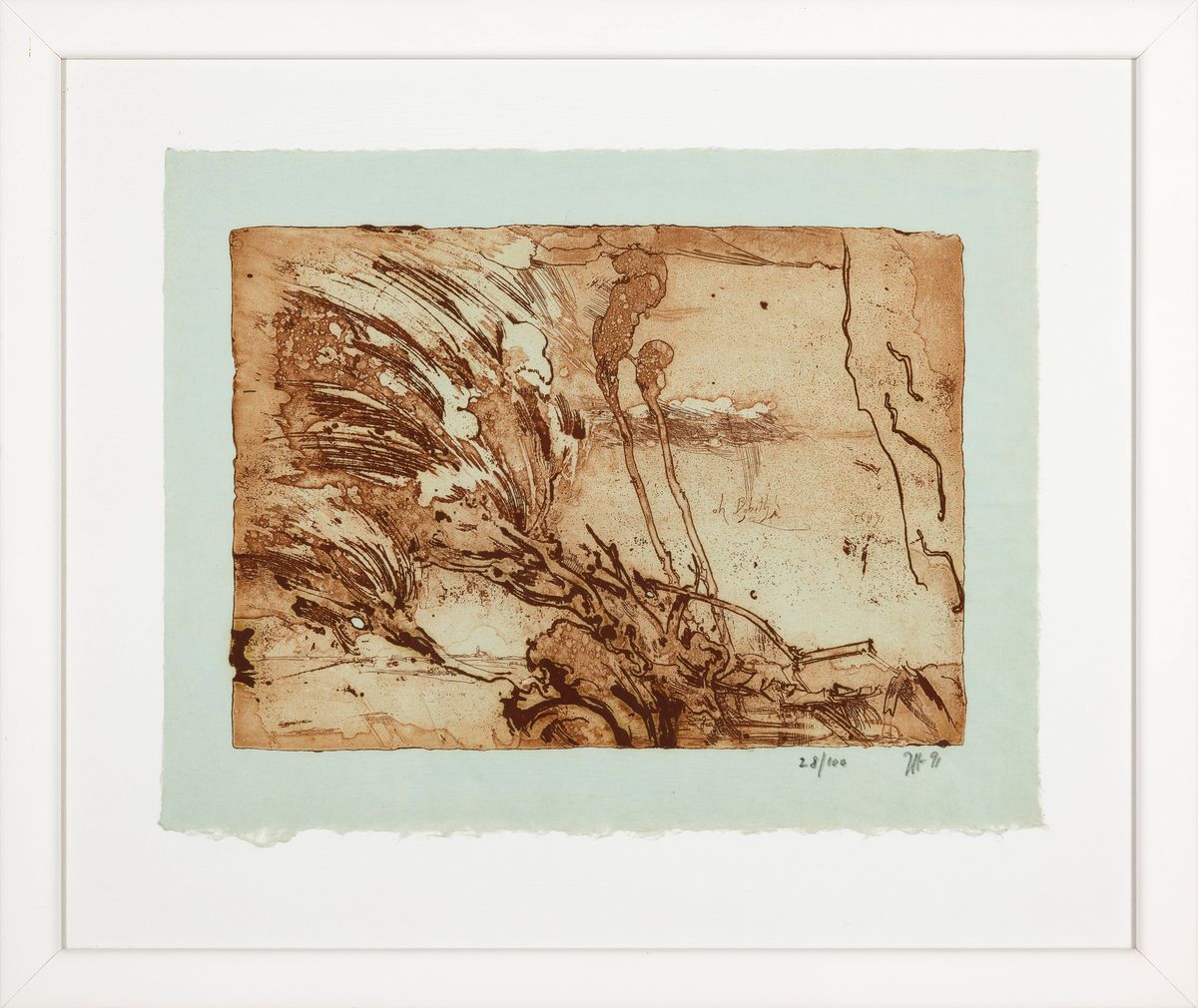 Detail m: Horst Janssen, 1929-1995, 2 Radierungen, oh Bobeth, 1x Farbradierung von 1992, sign. und num. 58/100, ca. 7x18cm, PP, u.Gl.´(Glas gesprungen), ca. ...