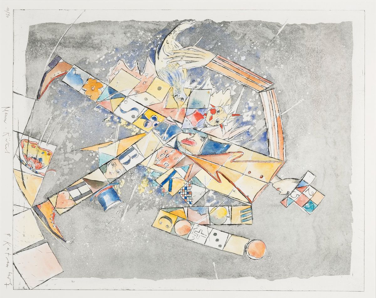 Bernd Kastenholz, geb. 1949 Speyer, Studium an der Akademie Stuttgart, hier: Mann-Rätsel, Farblithographie, handsign., betitelt, num. 12/90, ca. ...