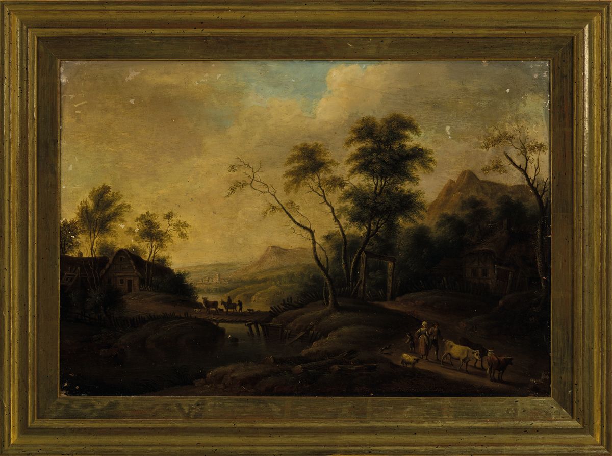 Detail k: Süddeutscher Landschaftsmaler, um 1770, hügelige Flußlandschaft mit Hirten und Viehtrieb über eine Holzbrücke, Öl/Malkarton, gekonnte ...