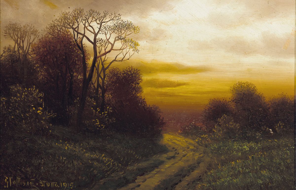 Hoffmann o.ä., bezeichnet Stuttgart 1915, Feldweg am Waldrand im Abendrot, feine detailreiche Malerei in Öl auf Malkarton, links unten signiert, ...