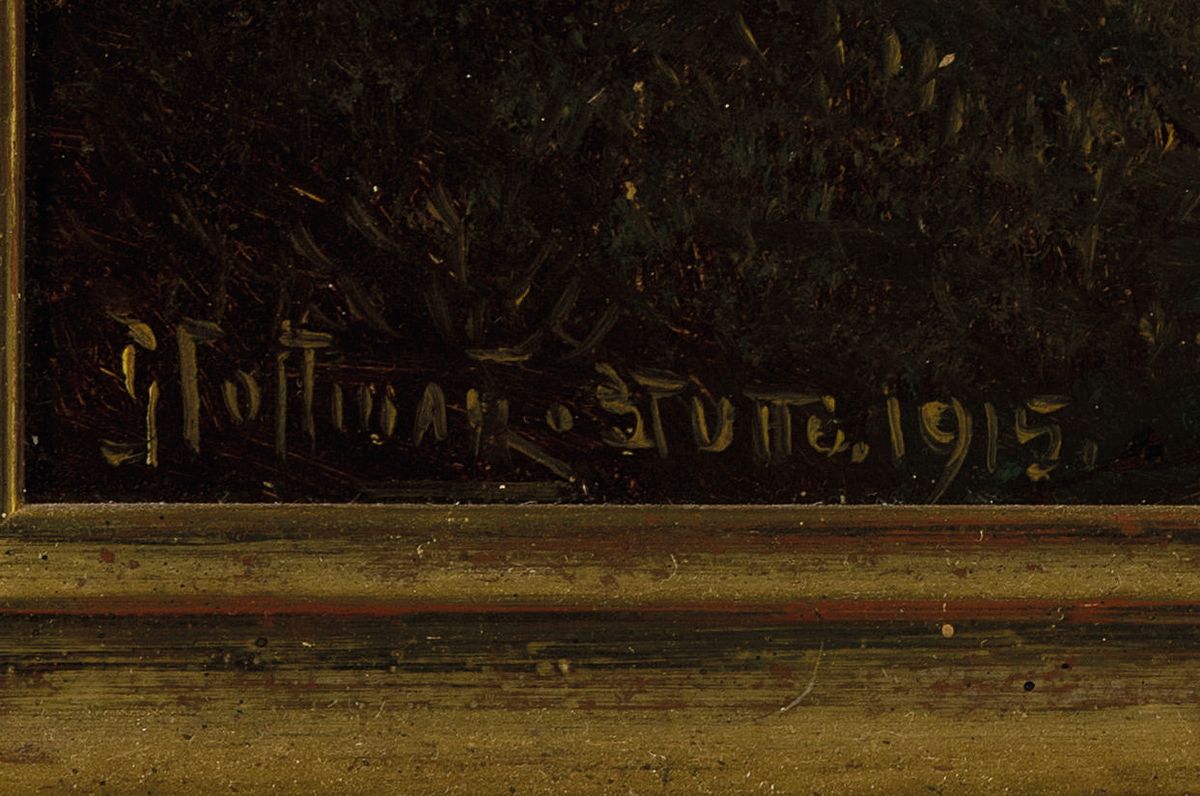 Detail a: Hoffmann o.ä., bezeichnet Stuttgart 1915, Feldweg am Waldrand im Abendrot, feine detailreiche Malerei in Öl auf Malkarton, links unten signiert, ...