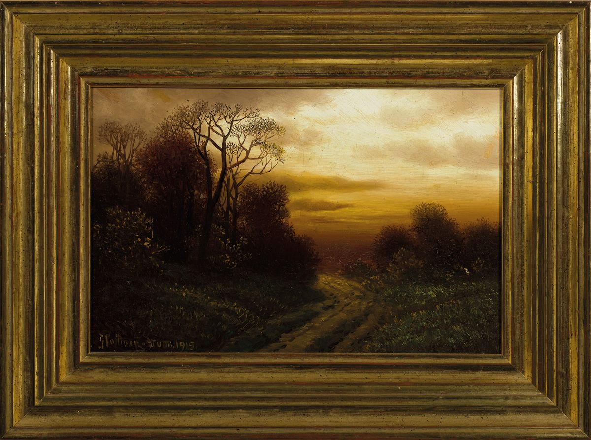Detail k: Hoffmann o.ä., bezeichnet Stuttgart 1915, Feldweg am Waldrand im Abendrot, feine detailreiche Malerei in Öl auf Malkarton, links unten signiert, ...