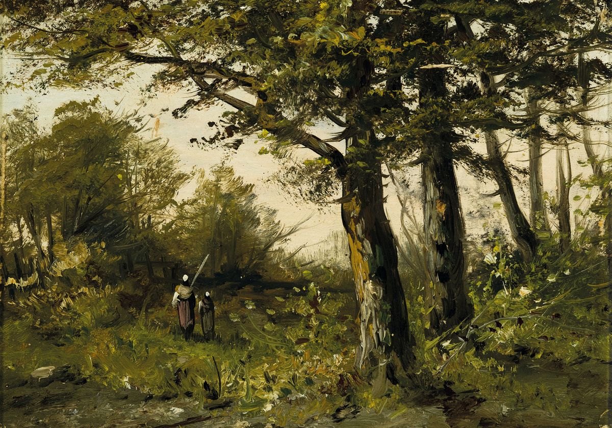 Unbekannter Künstler, Frankreich, um 1900, Herbstliche Waldlandschaft, Mutter mit Kind auf dem Nachhauseweg, Öl/Holz, unsigniert, ca. 15x22cm, R. ...