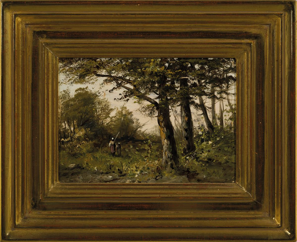 Detail k: Unbekannter Künstler, Frankreich, um 1900, Herbstliche Waldlandschaft, Mutter mit Kind auf dem Nachhauseweg, Öl/Holz, unsigniert, ca. 15x22cm, R. ...