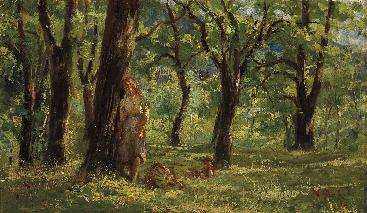Napoleone Luigi Grady, 1860-1949, Junge Frau lehnt an einem Baum im Wald, zu ihren Füßen sitzt ein Kind, Öl/Holz, rechts unten signiert, ...