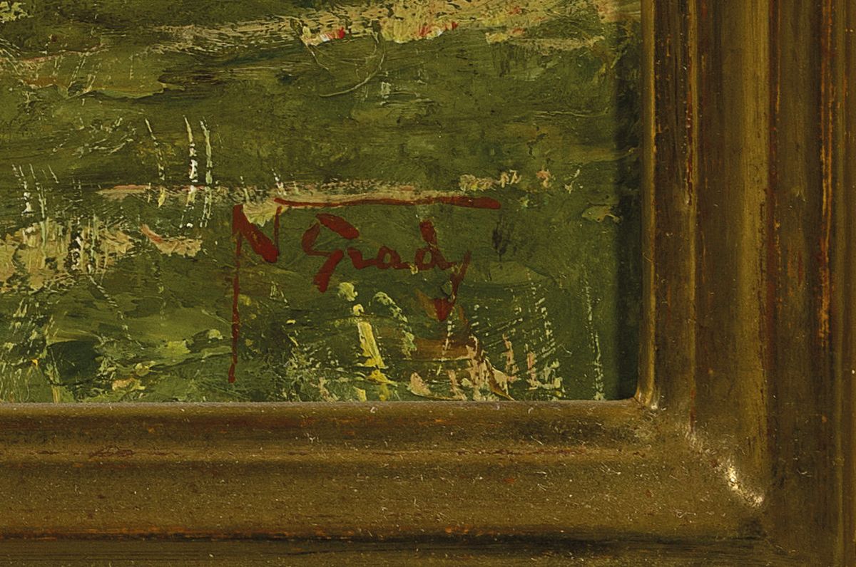 Detail a: Napoleone Luigi Grady, 1860-1949, Junge Frau lehnt an einem Baum im Wald, zu ihren Füßen sitzt ein Kind, Öl/Holz, rechts unten signiert, ...