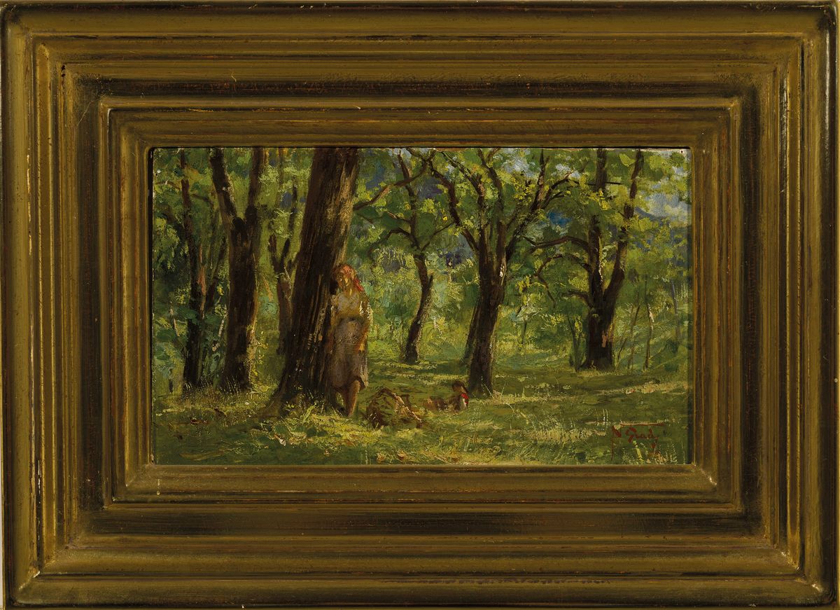Detail k: Napoleone Luigi Grady, 1860-1949, Junge Frau lehnt an einem Baum im Wald, zu ihren Füßen sitzt ein Kind, Öl/Holz, rechts unten signiert, ...