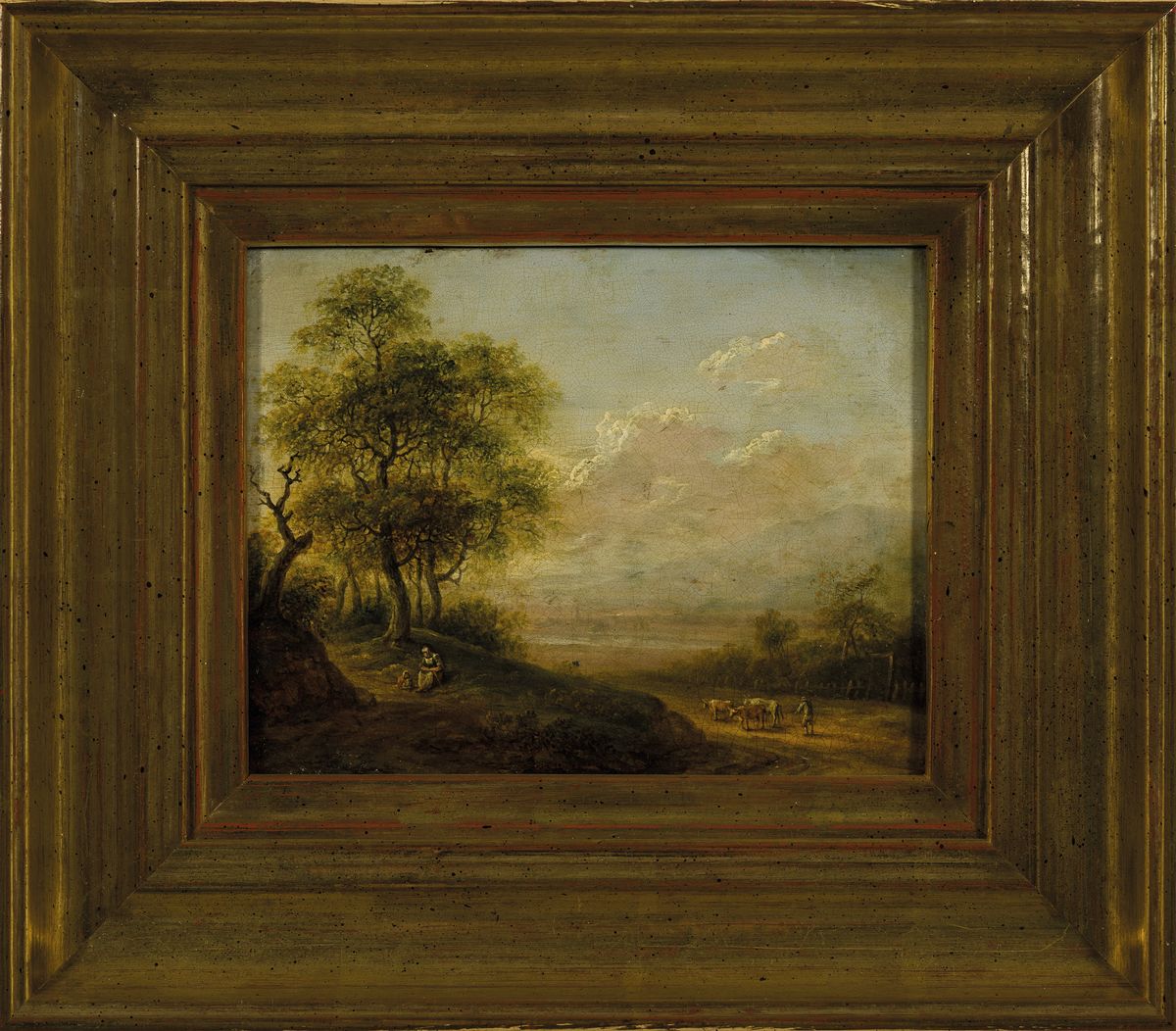Detail k: Christian Georg Schüz, 1758-1823, Ideale Landschaft mit Kühen und Hirte, seitlich mutter mit Kind am Wegrand, Öl/Holz, mittig unten signiert und ...