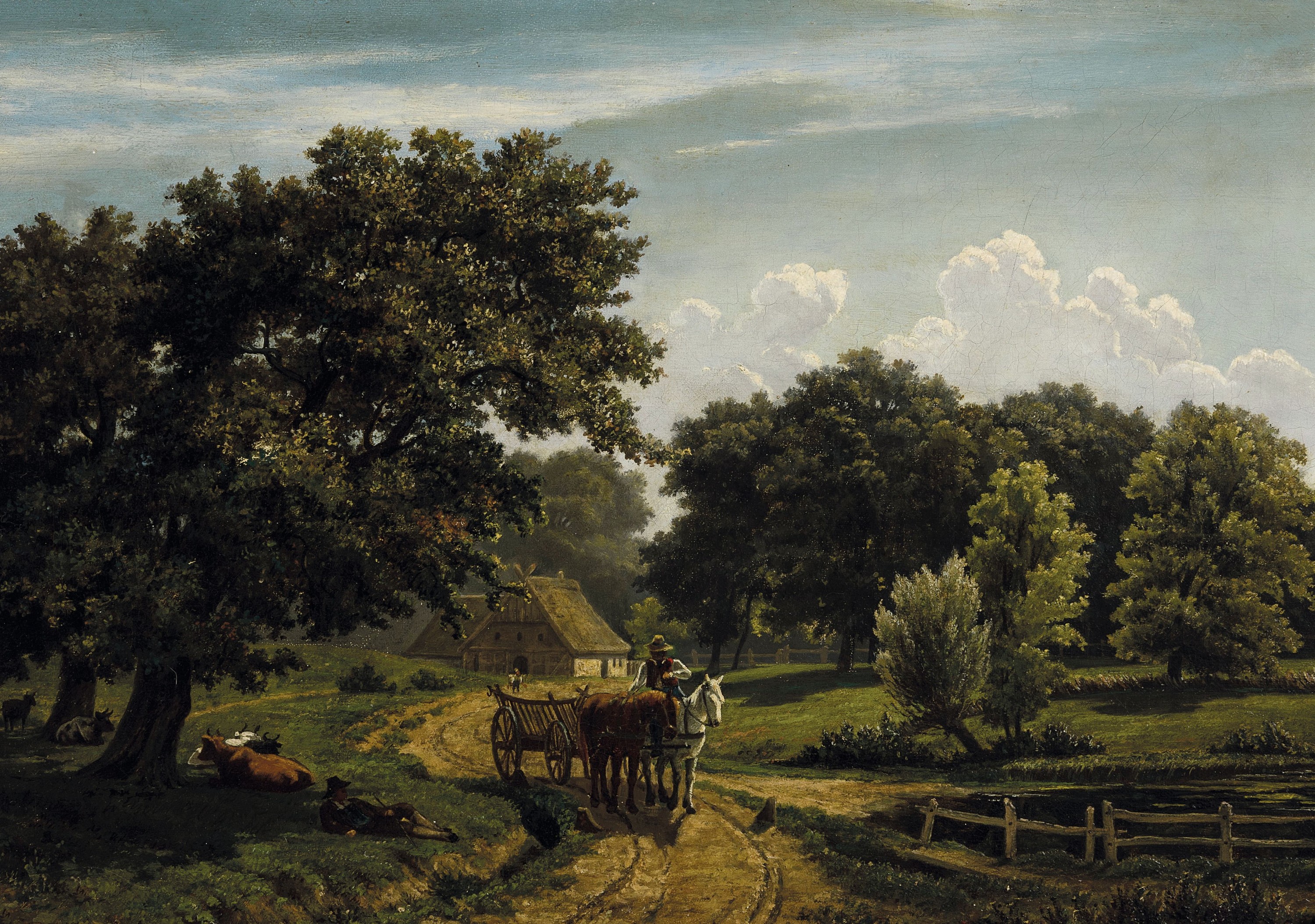 Zuschreibung: Berend Goos, 1815-1885 Hamburg, Studium in Hamburg und in Karlsruhe, hier: Bewaldete Landschaft, ein Bauer fährt mit dem leeren ...
