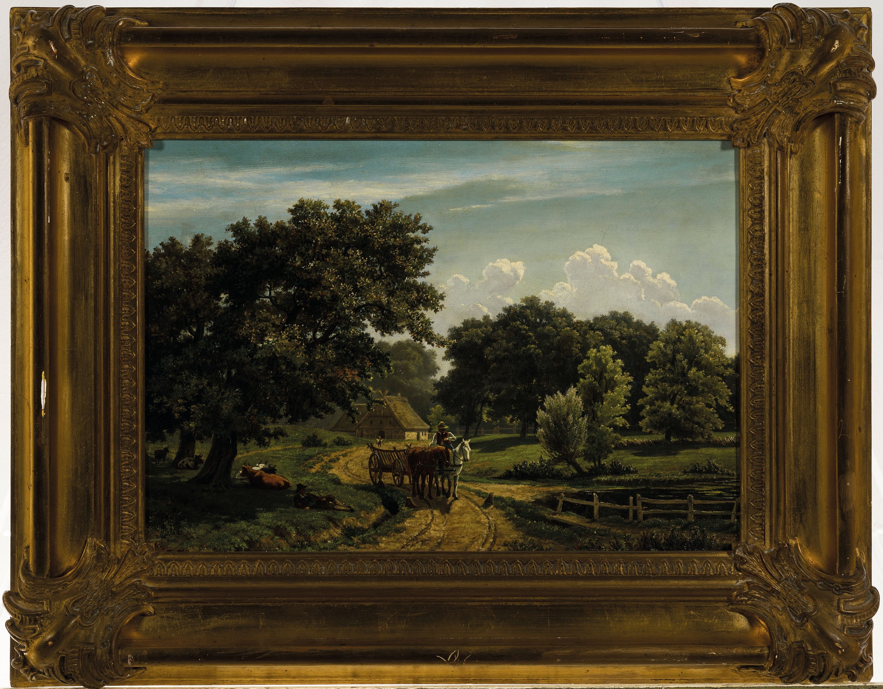 Detail k: Zuschreibung: Berend Goos, 1815-1885 Hamburg, Studium in Hamburg und in Karlsruhe, hier: Bewaldete Landschaft, ein Bauer fährt mit dem leeren ...