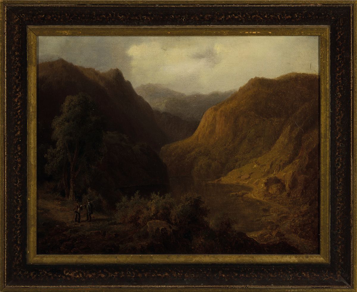 Detail k: Monogrammist O.P., Romantiker, um 1860-70, weite hügelige Landschaft mit Bergsee, im Vordergrund zwei Wanderer, Öl/Lwd, re. u. monogr., feine ...