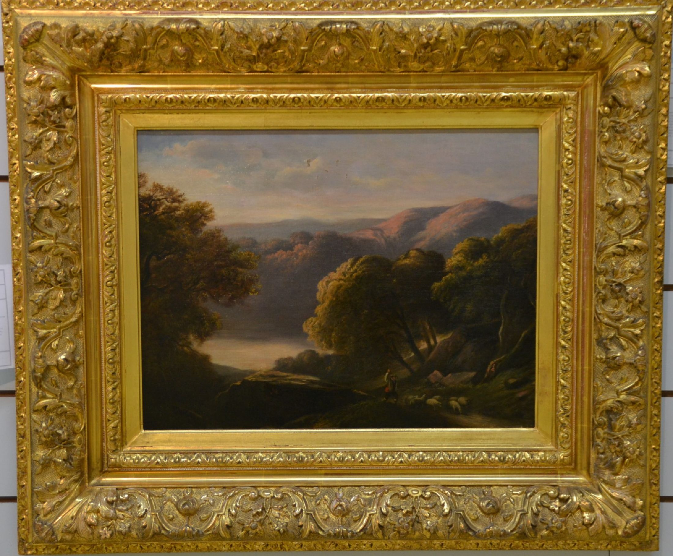 Detail b: Alexandre Calamé, 1810 Vevey-1864 Menton, Schäfer mit seiner kleinen Herde auf einem Baum bestandenen Weg, im Hintergrund ein See in hügeliger ...