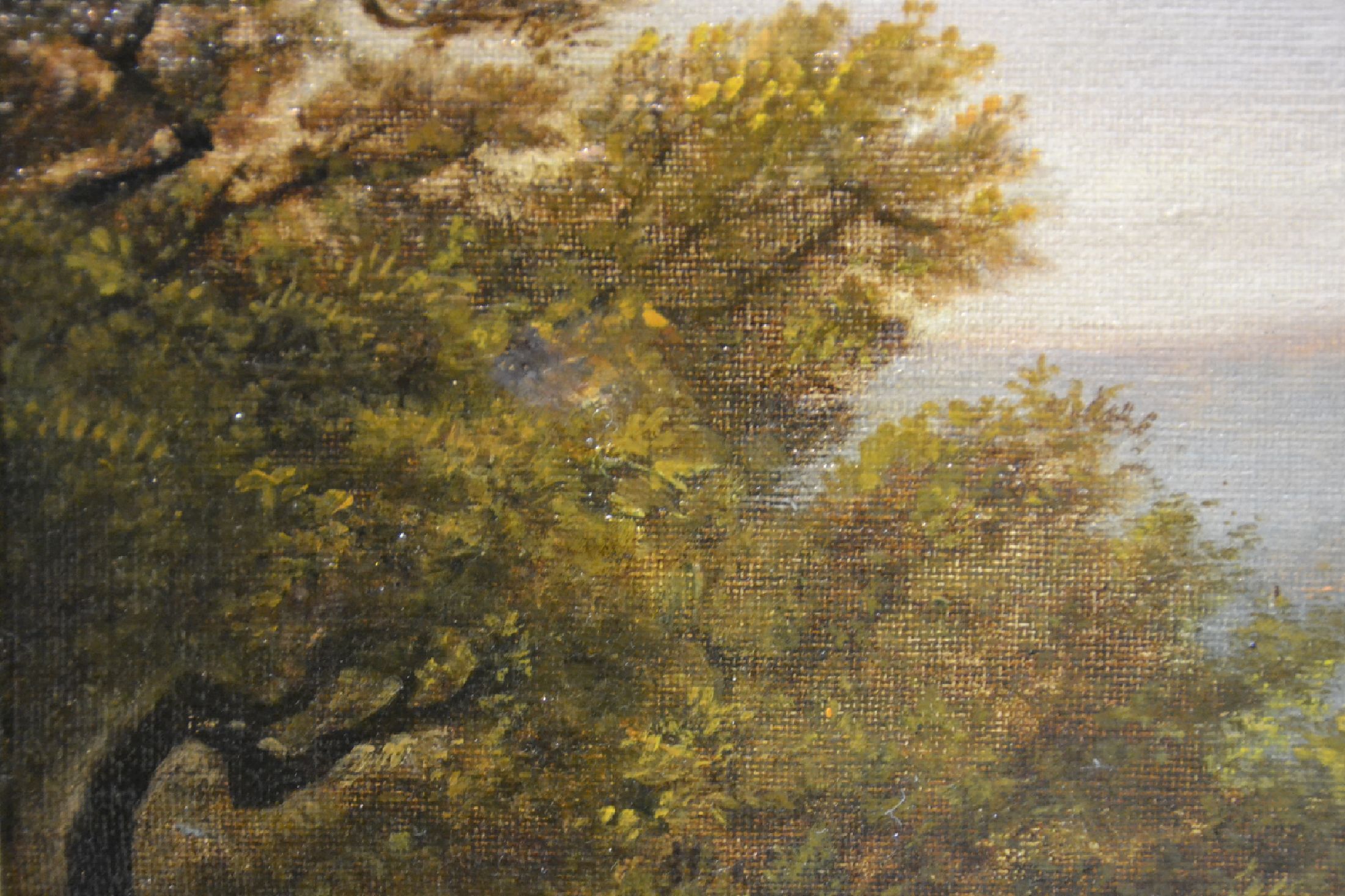Detail g: Alexandre Calamé, 1810 Vevey-1864 Menton, Schäfer mit seiner kleinen Herde auf einem Baum bestandenen Weg, im Hintergrund ein See in hügeliger ...