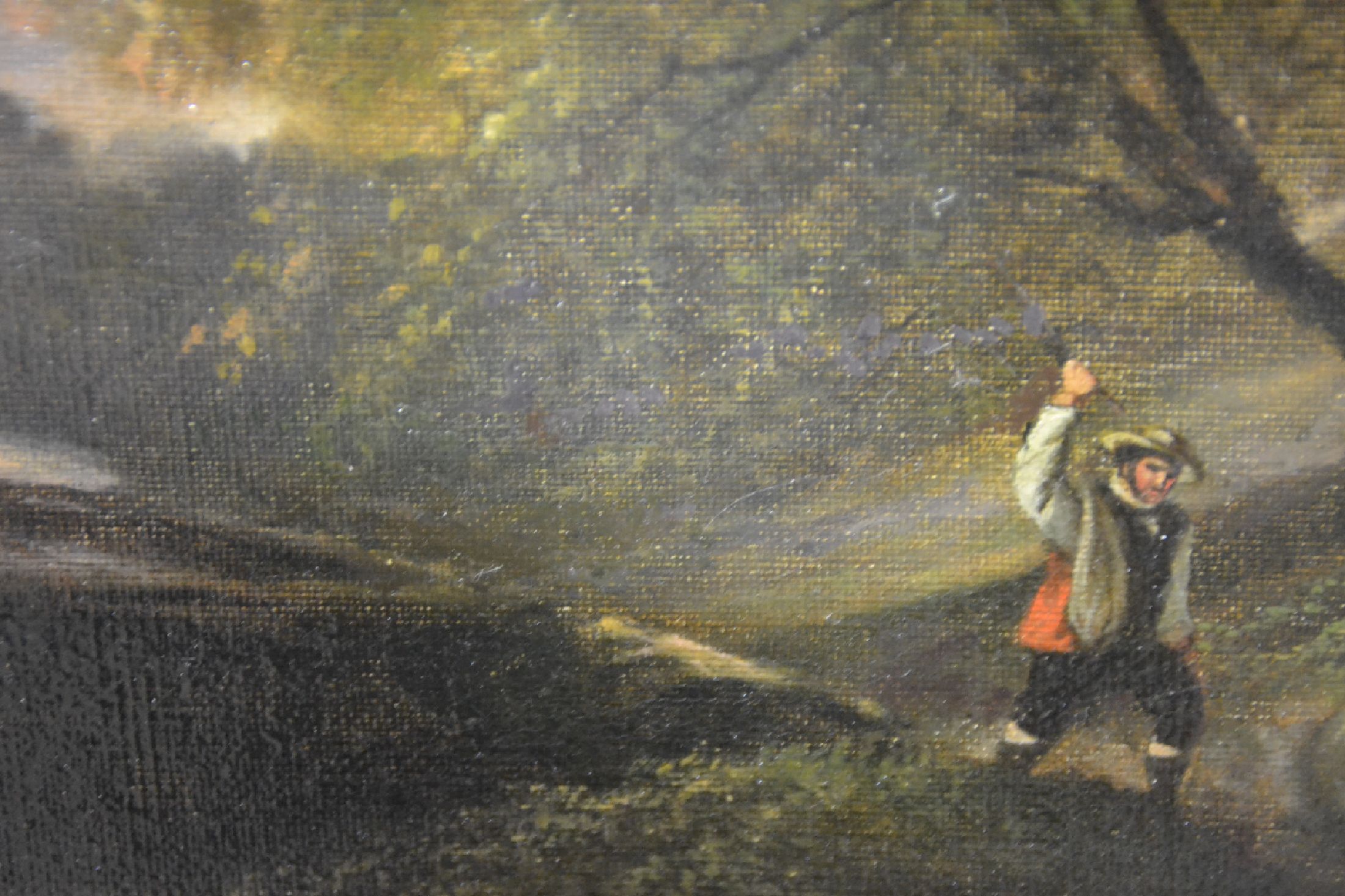 Detail h: Alexandre Calamé, 1810 Vevey-1864 Menton, Schäfer mit seiner kleinen Herde auf einem Baum bestandenen Weg, im Hintergrund ein See in hügeliger ...