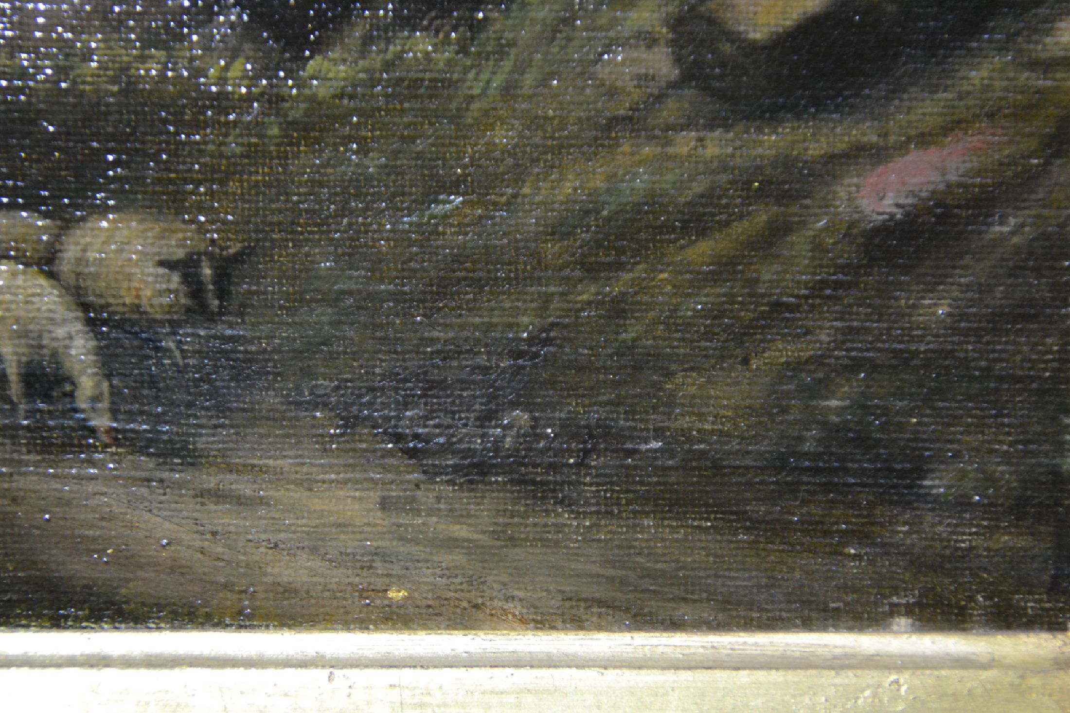 Detail i: Alexandre Calamé, 1810 Vevey-1864 Menton, Schäfer mit seiner kleinen Herde auf einem Baum bestandenen Weg, im Hintergrund ein See in hügeliger ...