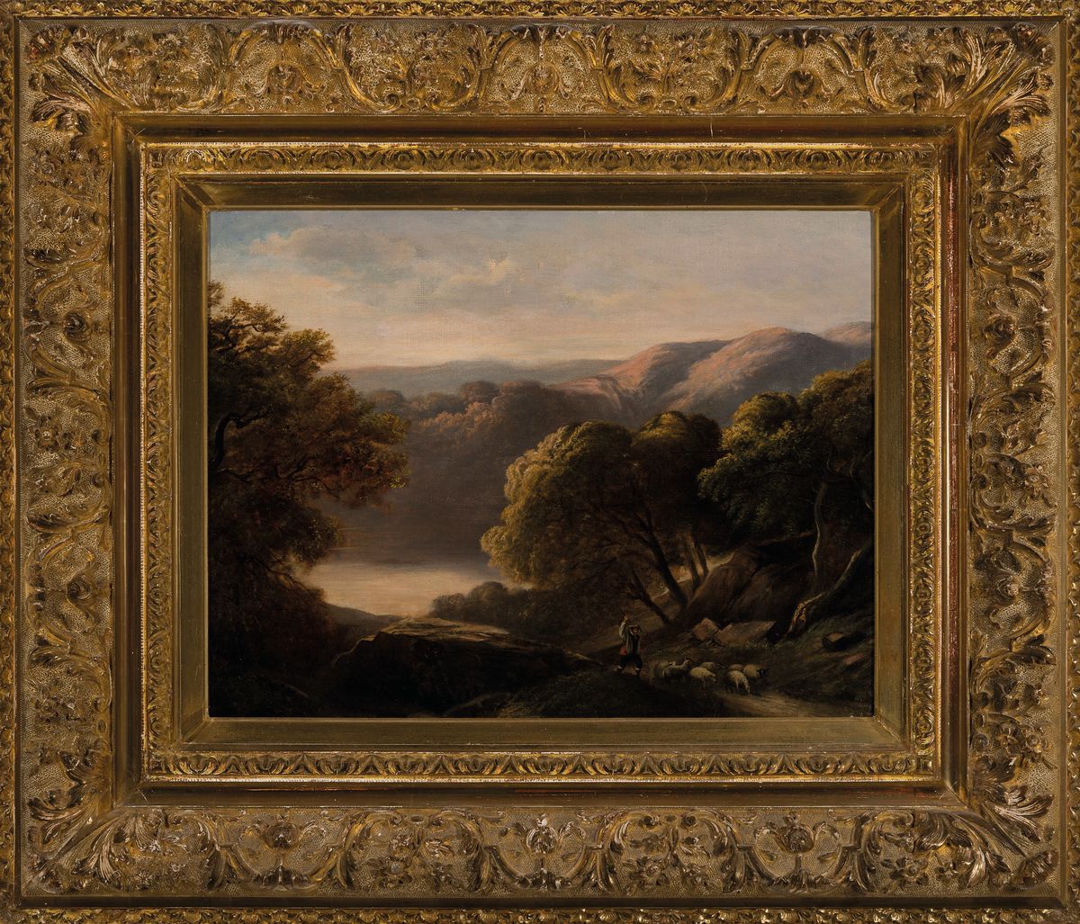 Detail k: Alexandre Calamé, 1810 Vevey-1864 Menton, Schäfer mit seiner kleinen Herde auf einem Baum bestandenen Weg, im Hintergrund ein See in hügeliger ...