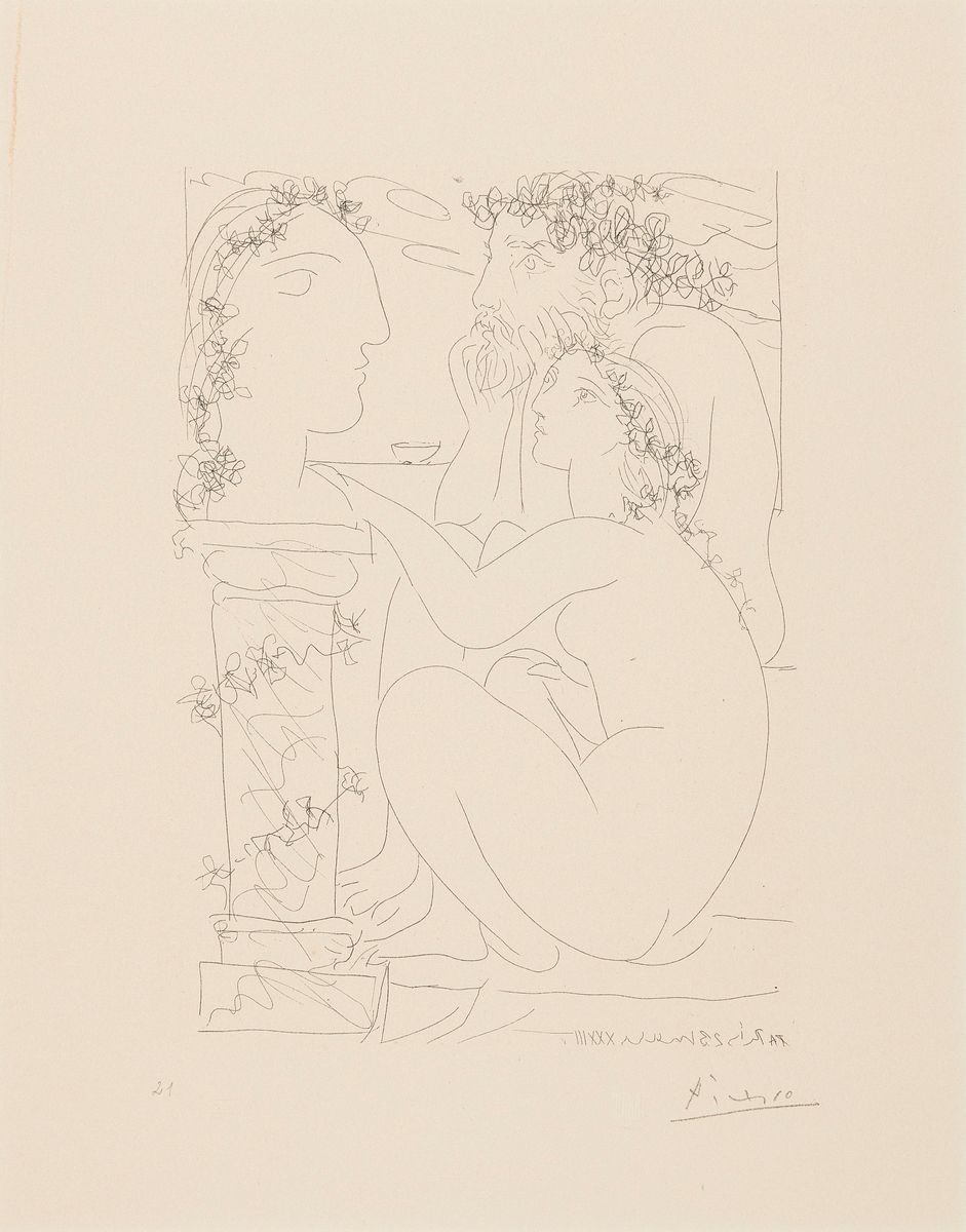 Pablo Picasso, 1881 Malaga-1973 Mougins, "Sculpture et Modele admirant une Tete sculptee" aus der Serie Suite Vollard (1956), Lithographie ...