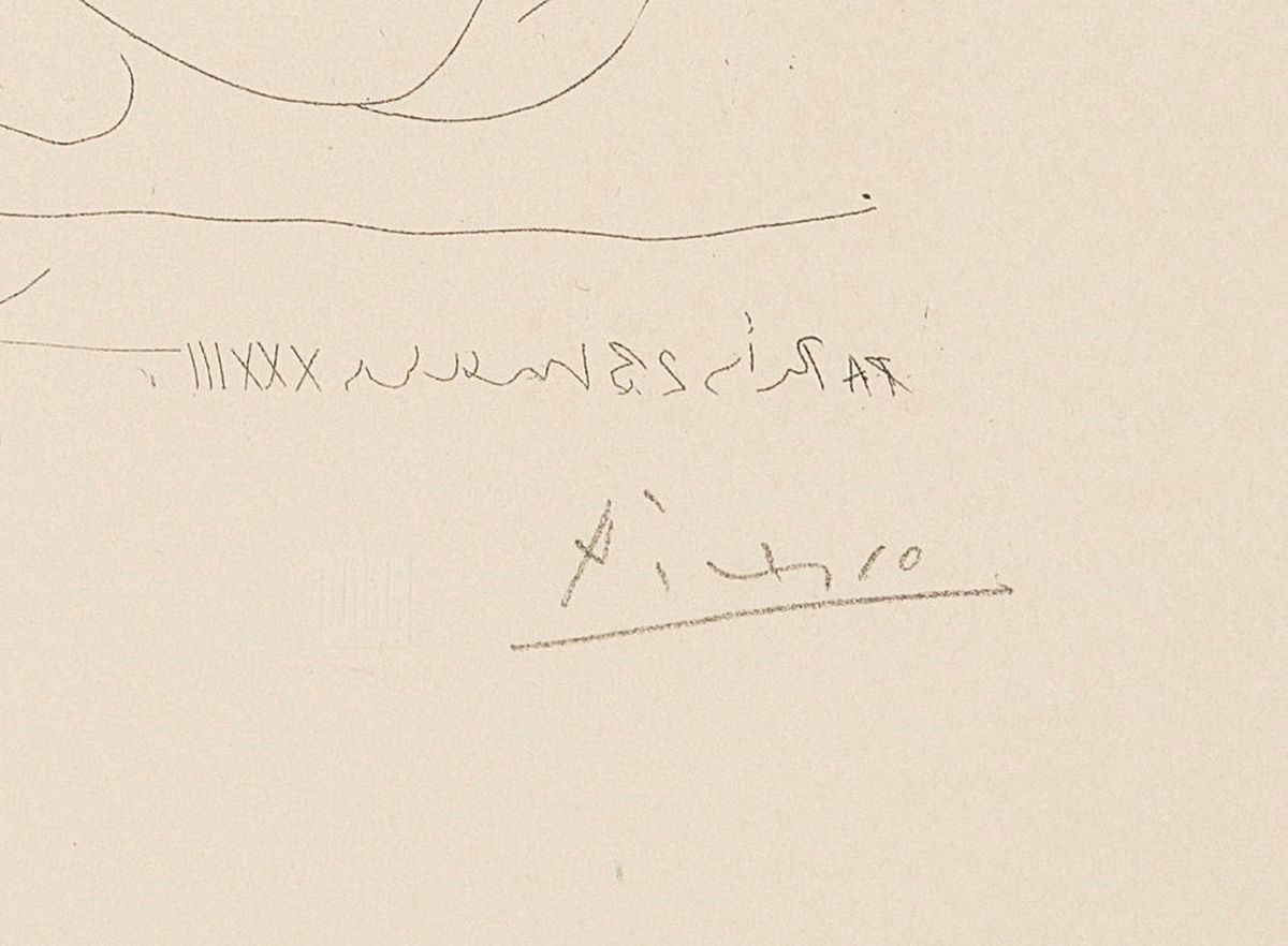 Detail a: Pablo Picasso, 1881 Malaga-1973 Mougins, "Sculpture et Modele admirant une Tete sculptee" aus der Serie Suite Vollard (1956), Lithographie ...