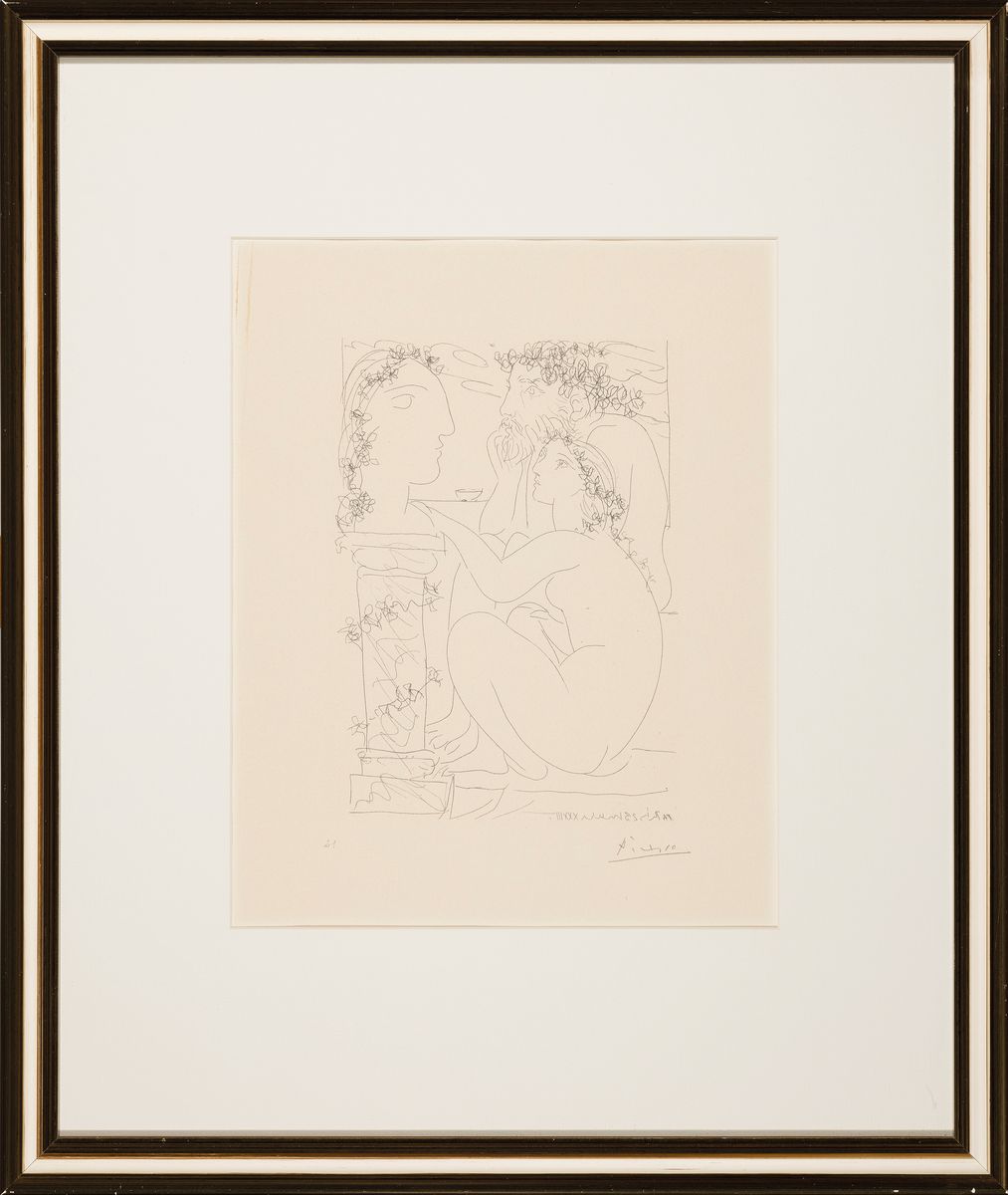 Detail k: Pablo Picasso, 1881 Malaga-1973 Mougins, "Sculpture et Modele admirant une Tete sculptee" aus der Serie Suite Vollard (1956), Lithographie ...