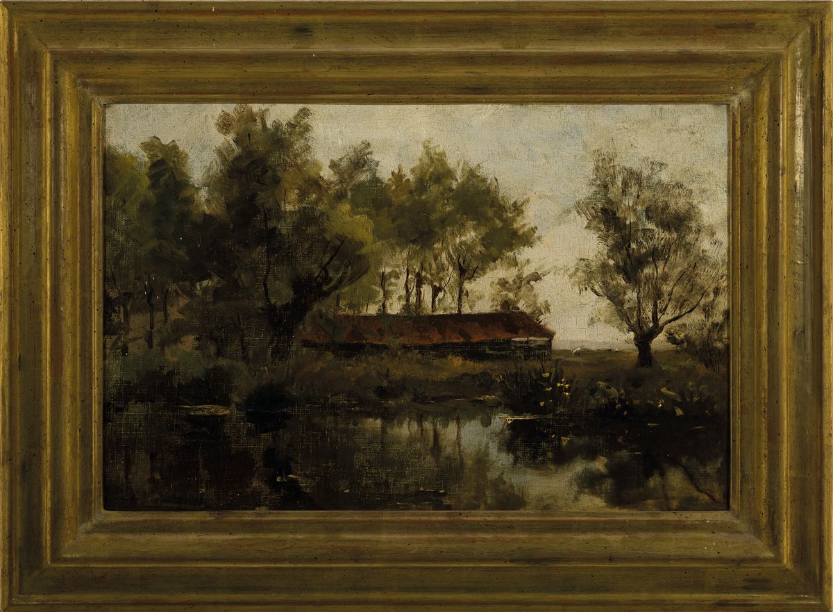 Detail k: Dirk Gerard Ezerman, 1848 Zutphen-1913 Rotterdam, Sumpflandschaft mit Kopfweiden und Gebäude, Öl/Malkarton, links unten signiert, ca. 33x50cm, R. ...