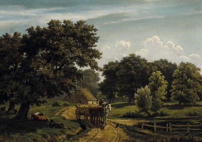 Image 26595208 - Attribution: Berend Goos, 1815-1885 Hamburg, Studies in Hamburg and in Karlsruhe, here: forestal landscape, a farmer leaving with an empty haywagon, on the side a shepherd and cows, oil/canvas, signed lower left, approx. 31x44cm, frame approx. 48x61cm, orig. pomp frame