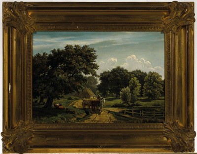 26595208k - Attribution: Berend Goos, 1815-1885 Hamburg, Studies in Hamburg and in Karlsruhe, here: forestal landscape, a farmer leaving with an empty haywagon, on the side a shepherd and cows, oil/canvas, signed lower left, approx. 31x44cm, frame approx. 48x61cm, orig. pomp frame