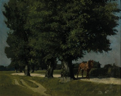 Image 26595213 - Max Barascudts, 1869 St.Denis-1927 Munich, workhorse on a tree-lined way, oil/ painting cardboard, slightly arched, sign on the back.,36x44cm, frame approx. 57x65cm